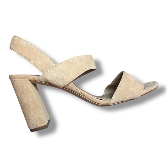 Ann Taylor Nude Suede Block Heel Sandals Size 8 M Chic Neutral - Picture 1 of 8